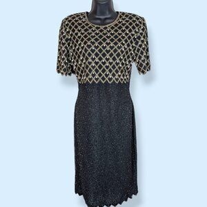 Vintage Laurence Kazar Beaded Black & Gold Dress